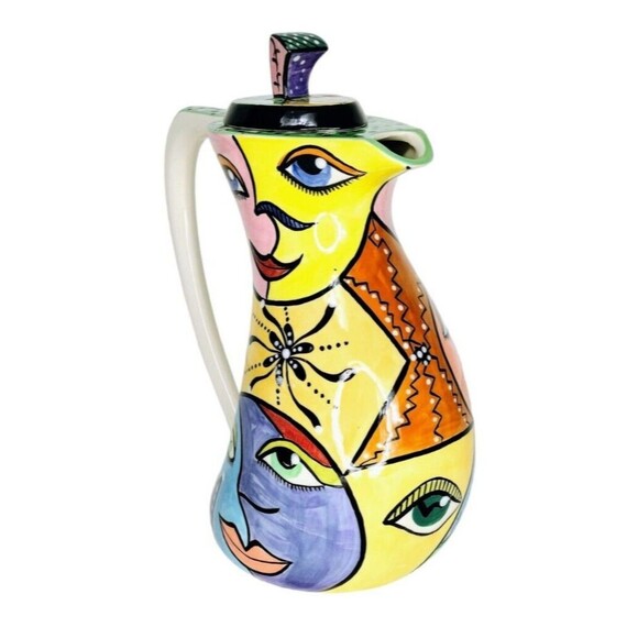 Vintage Larca Gallery Fine Art Hand Painted Abstract Faces Coffee Teapot Signed - Picture 11 of 14